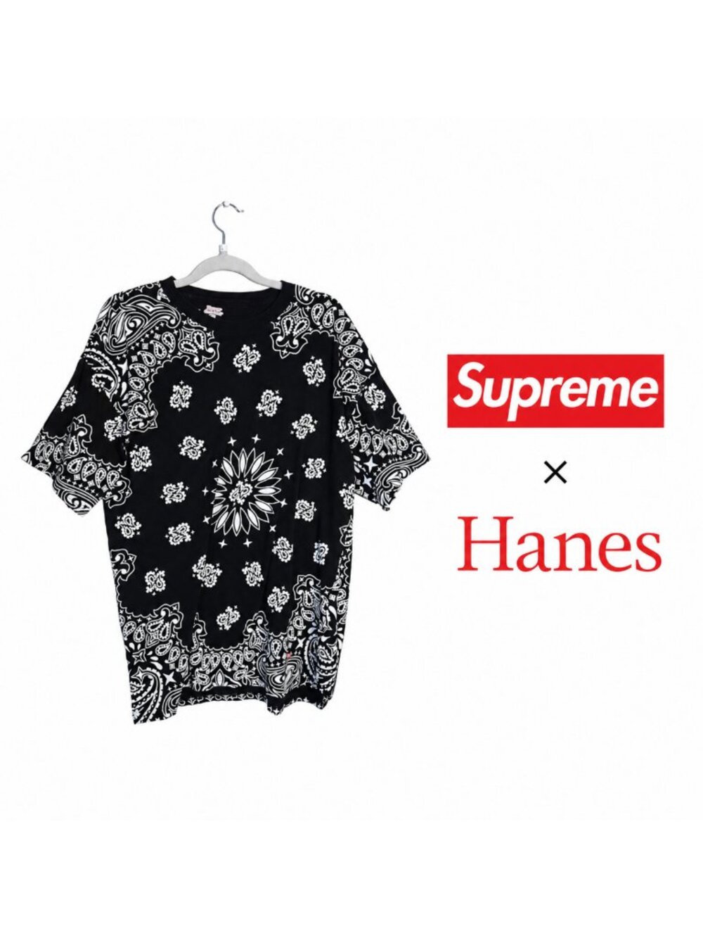 Supreme x Hanes Bandana Tagless T-Shirt Black White Paisley Men’s Large